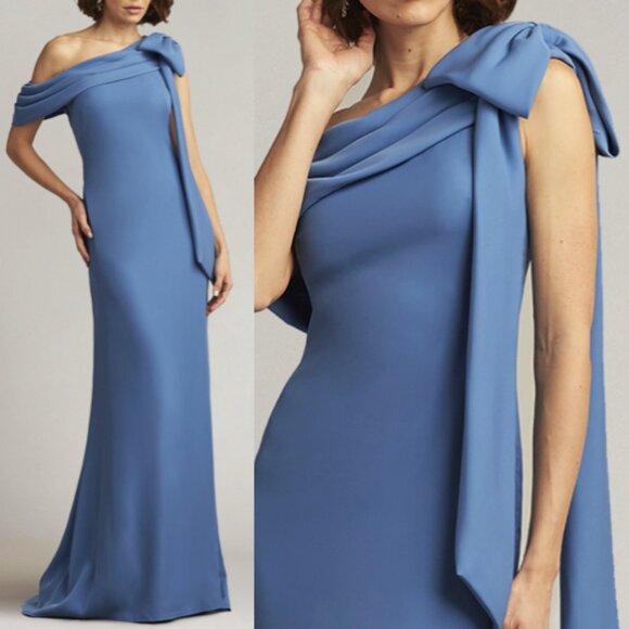 NWT TADASHI SHOJI Cassia Bow-Shoulder Crepe Gown Dress Cadet Blue Size 2